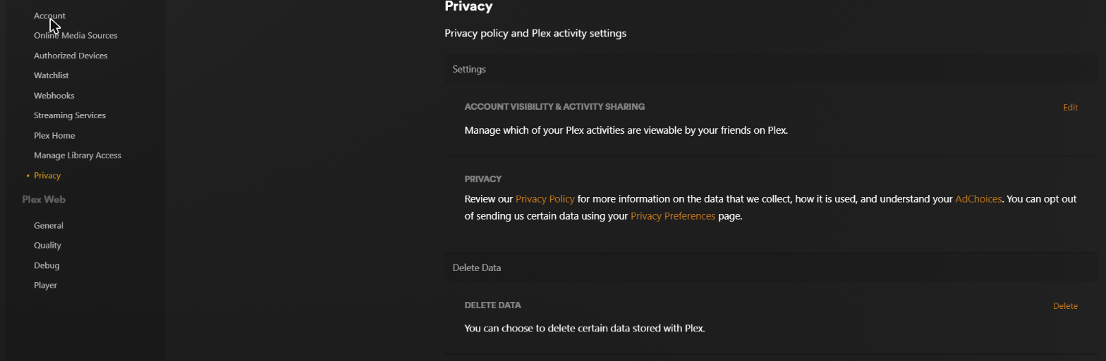 Plex Account Settings Privacy page