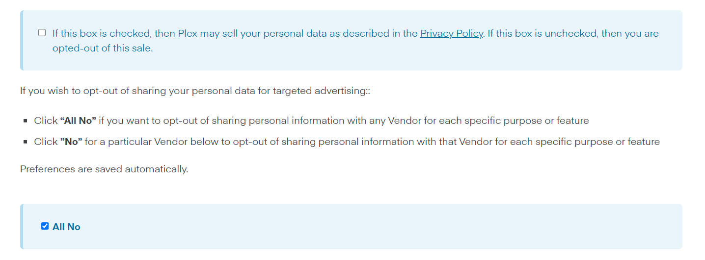 Plex Opt-Out Choices page with the sell-my-data box unchecked and All No checked