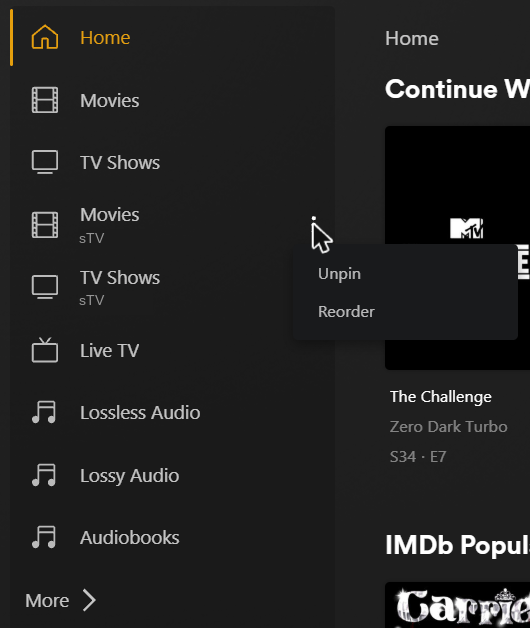 Plex Web sidebar with a library's menu open showing Unpin and Reorder