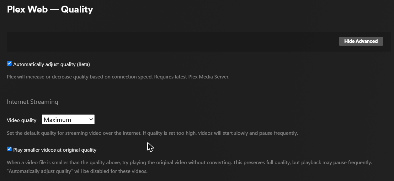 Plex Web Quality settings showing Internet Streaming video quality set to Maximum