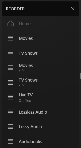 Plex Web sidebar in Reorder mode with drag handles